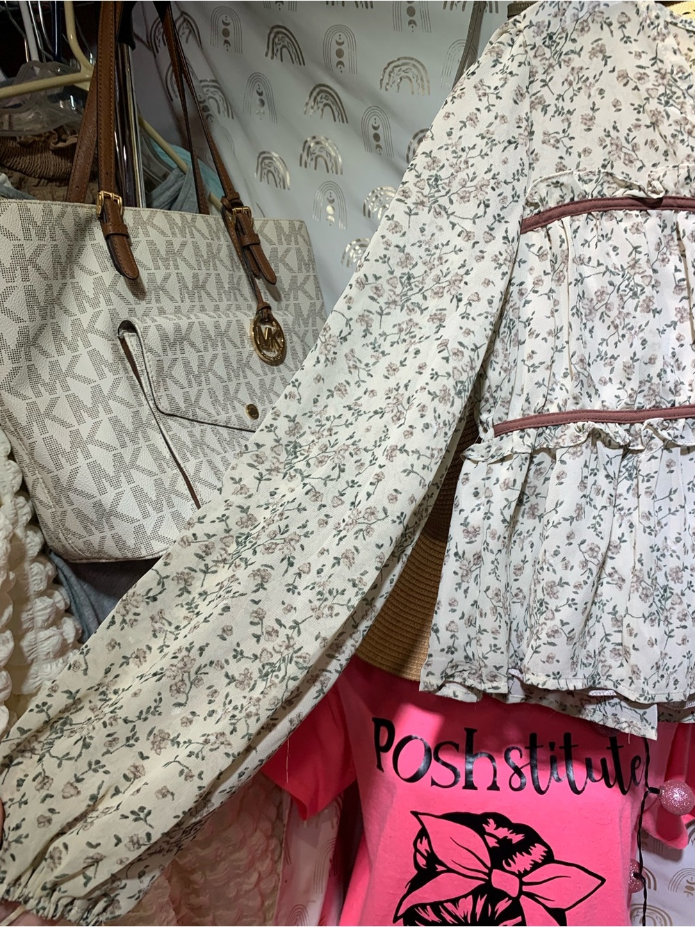 Boho Floral Peasant Top with Tie - Cream - Picture 2 of 7